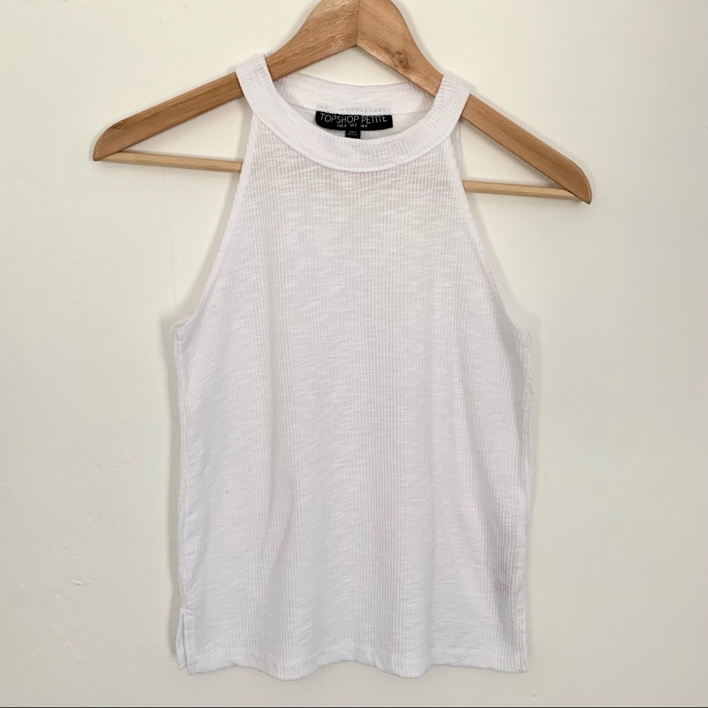 Topshop PETITE White Ribbed Halter Tank Top
